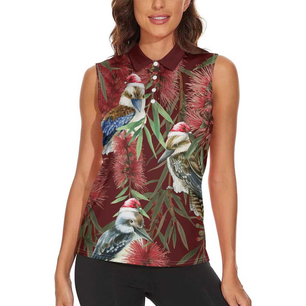 Australia Christmas Women Sleeveless Polo Shirt Kookaburra Santa on Red Bottlebrush
