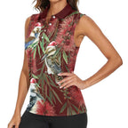 Australia Christmas Women Sleeveless Polo Shirt Kookaburra Santa on Red Bottlebrush