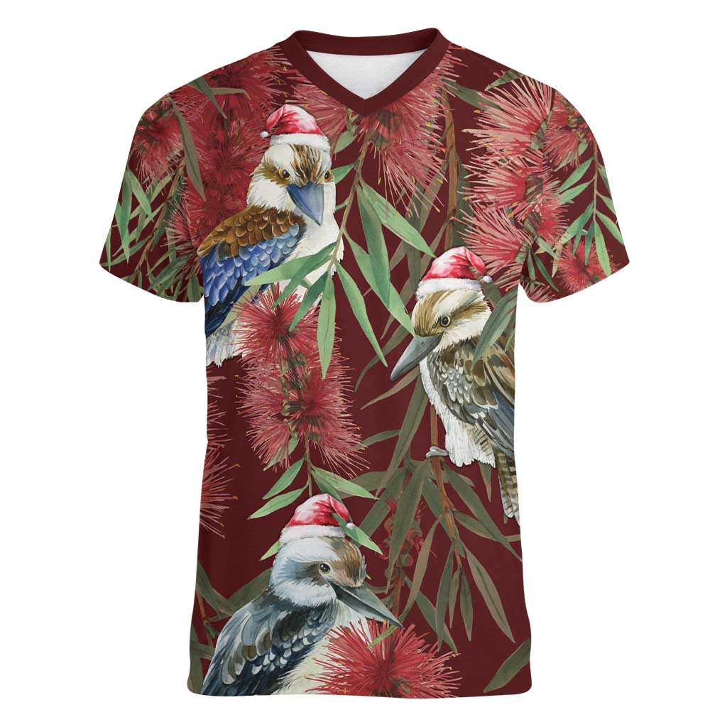Australia Christmas Women V-Neck T-Shirt Kookaburra Santa on Red Bottlebrush