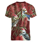 Australia Christmas Women V-Neck T-Shirt Kookaburra Santa on Red Bottlebrush