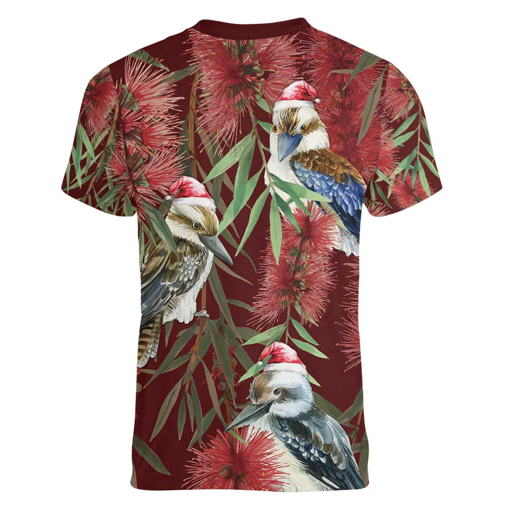 Australia Christmas Women V-Neck T-Shirt Kookaburra Santa on Red Bottlebrush