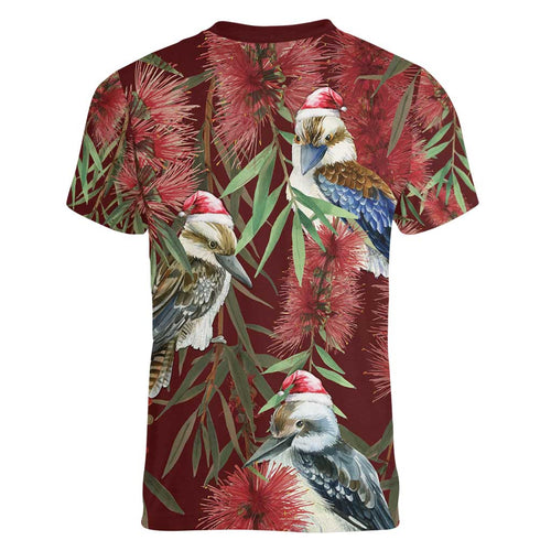 Australia Christmas Women V-Neck T-Shirt Kookaburra Santa on Red Bottlebrush
