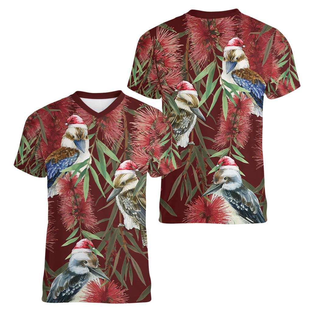 Australia Christmas Women V-Neck T-Shirt Kookaburra Santa on Red Bottlebrush