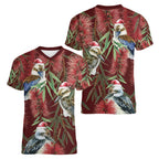 Australia Christmas Women V-Neck T-Shirt Kookaburra Santa on Red Bottlebrush