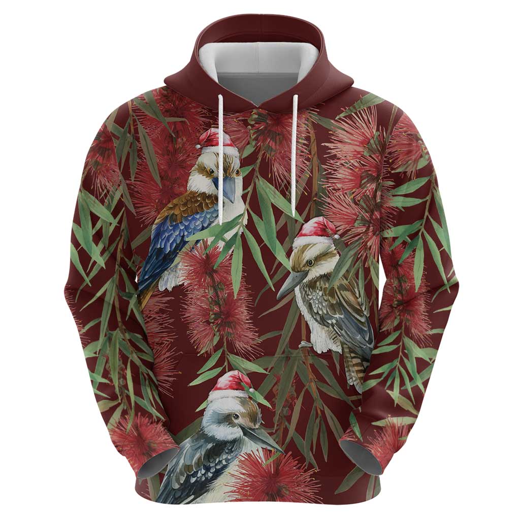 Australia Christmas Zip Hoodie Kookaburra Santa on Red Bottlebrush