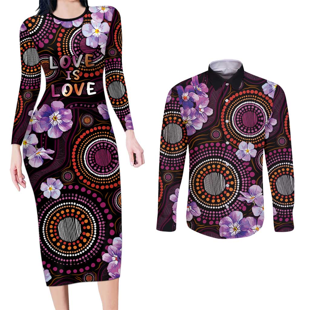 Australia First Nation LGBT - Lesbian Week Couples Matching Long Sleeve Bodycon Dress and Long Sleeve Button Shirt Sapphic Violet - Love Is Love - Aussie Hoodie