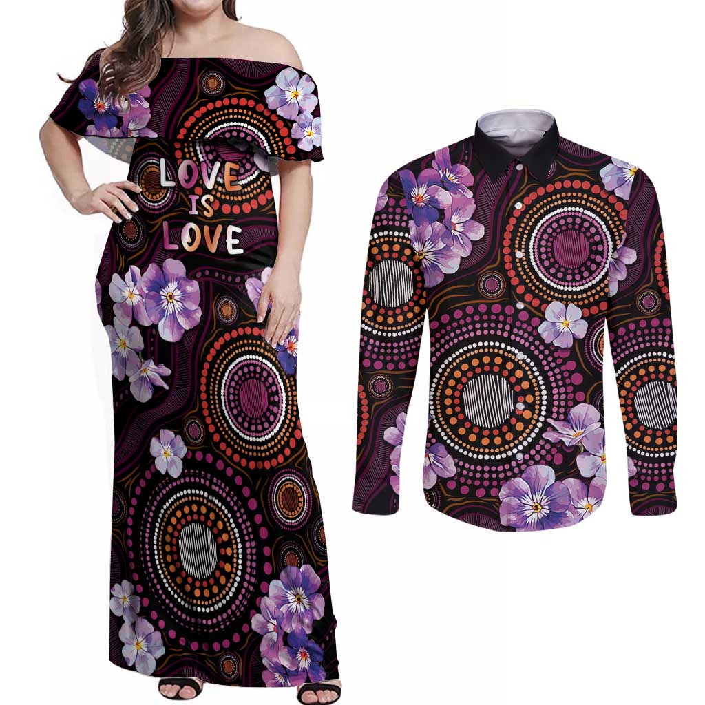 Australia First Nation LGBT - Lesbian Week Couples Matching Off Shoulder Maxi Dress and Long Sleeve Button Shirt Sapphic Violet - Love Is Love - Aussie Hoodie
