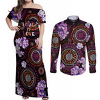 Australia First Nation LGBT - Lesbian Week Couples Matching Off Shoulder Maxi Dress and Long Sleeve Button Shirt Sapphic Violet - Love Is Love - Aussie Hoodie