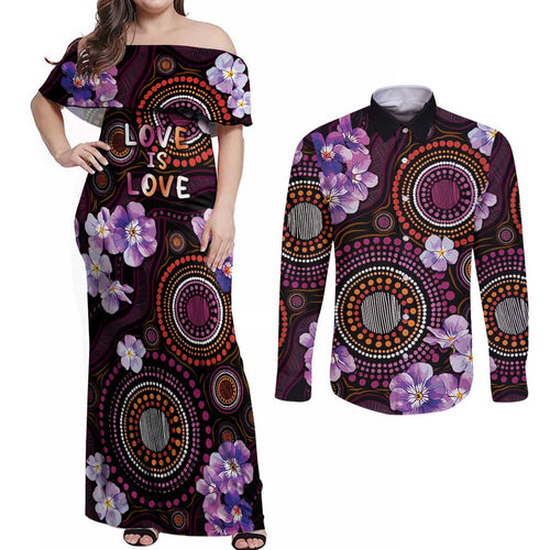 Australia First Nation LGBT - Lesbian Week Couples Matching Off Shoulder Maxi Dress and Long Sleeve Button Shirt Sapphic Violet - Love Is Love - Aussie Hoodie