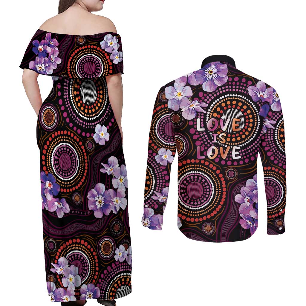 Australia First Nation LGBT - Lesbian Week Couples Matching Off Shoulder Maxi Dress and Long Sleeve Button Shirt Sapphic Violet - Love Is Love - Aussie Hoodie