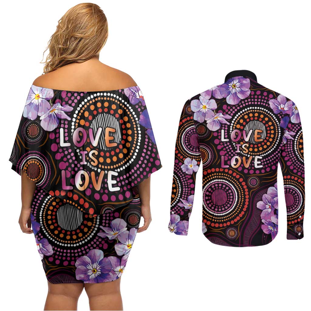 Australia First Nation LGBT - Lesbian Week Couples Matching Off Shoulder Short Dress and Long Sleeve Button Shirt Sapphic Violet - Love Is Love - Aussie Hoodie