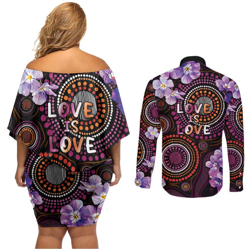 Australia First Nation LGBT - Lesbian Week Couples Matching Off Shoulder Short Dress and Long Sleeve Button Shirt Sapphic Violet - Love Is Love - Aussie Hoodie