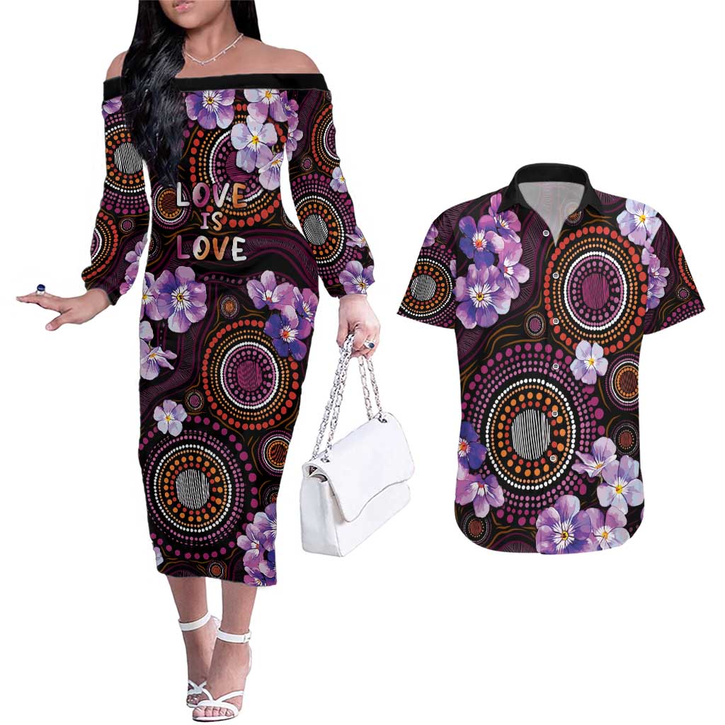 Australia First Nation LGBT - Lesbian Week Couples Matching Off The Shoulder Long Sleeve Dress and Hawaiian Shirt Sapphic Violet - Love Is Love - Aussie Hoodie