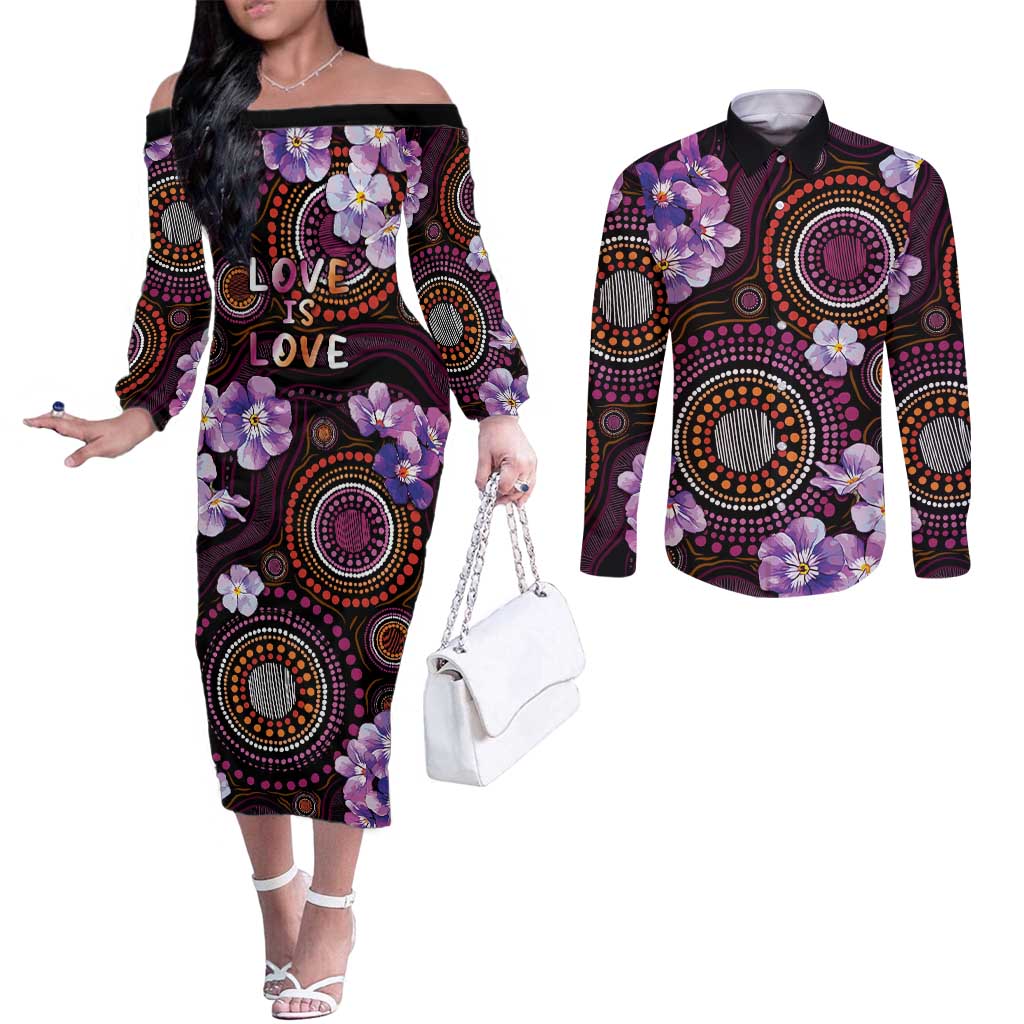 Australia First Nation LGBT - Lesbian Week Couples Matching Off The Shoulder Long Sleeve Dress and Long Sleeve Button Shirt Sapphic Violet - Love Is Love - Aussie Hoodie