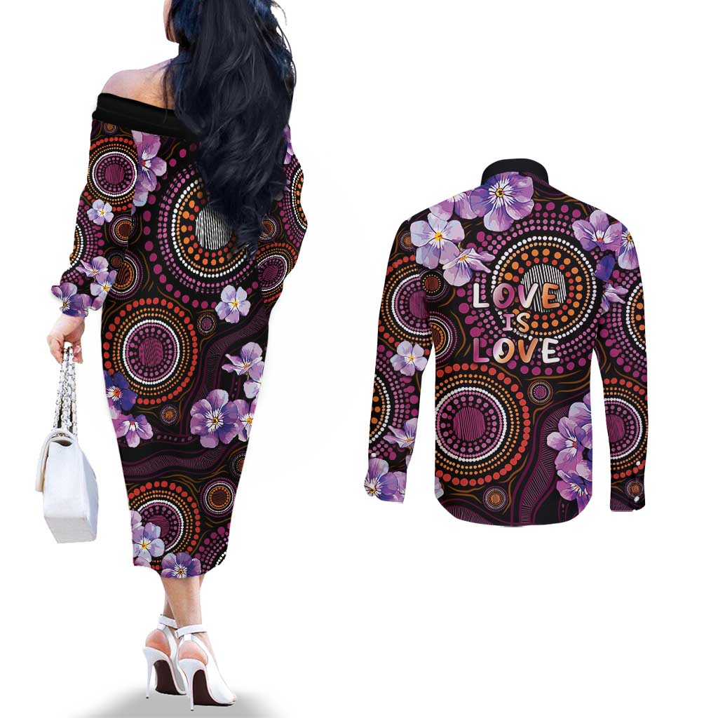 Australia First Nation LGBT - Lesbian Week Couples Matching Off The Shoulder Long Sleeve Dress and Long Sleeve Button Shirt Sapphic Violet - Love Is Love - Aussie Hoodie