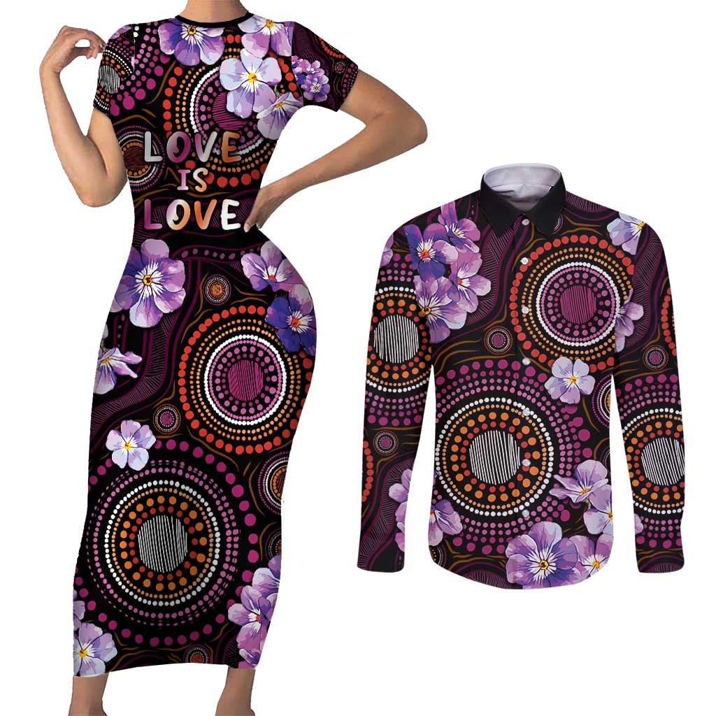 Australia First Nation LGBT - Lesbian Week Couples Matching Short Sleeve Bodycon Dress and Long Sleeve Button Shirt Sapphic Violet - Love Is Love - Aussie Hoodie