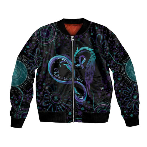 Personalized Australia Indigenous Infinity Heart Bomber Jacket Purple Teal Ribbon You Are Not Alone - Aussie Hoodie