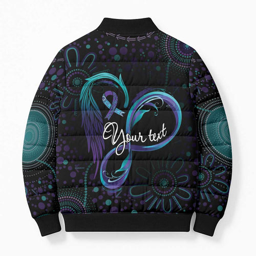 Personalized Australia Indigenous Infinity Heart Bomber Puffer Jacket Purple Teal Ribbon You Are Not Alone - Aussie Hoodie