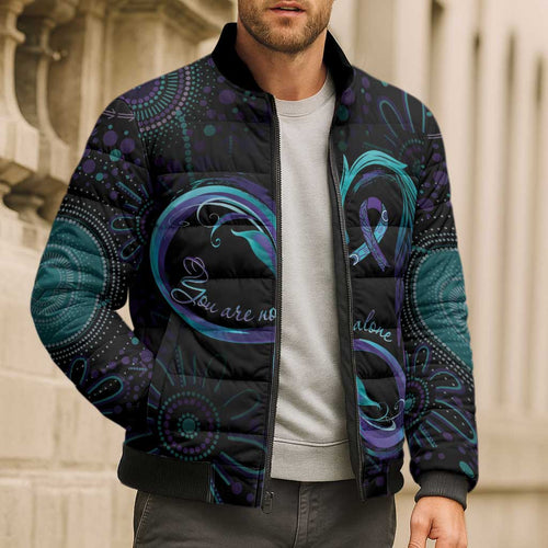 Personalized Australia Indigenous Infinity Heart Bomber Puffer Jacket Purple Teal Ribbon You Are Not Alone - Aussie Hoodie