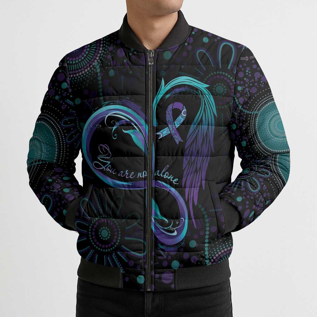 Personalized Australia Indigenous Infinity Heart Bomber Puffer Jacket Purple Teal Ribbon You Are Not Alone - Aussie Hoodie