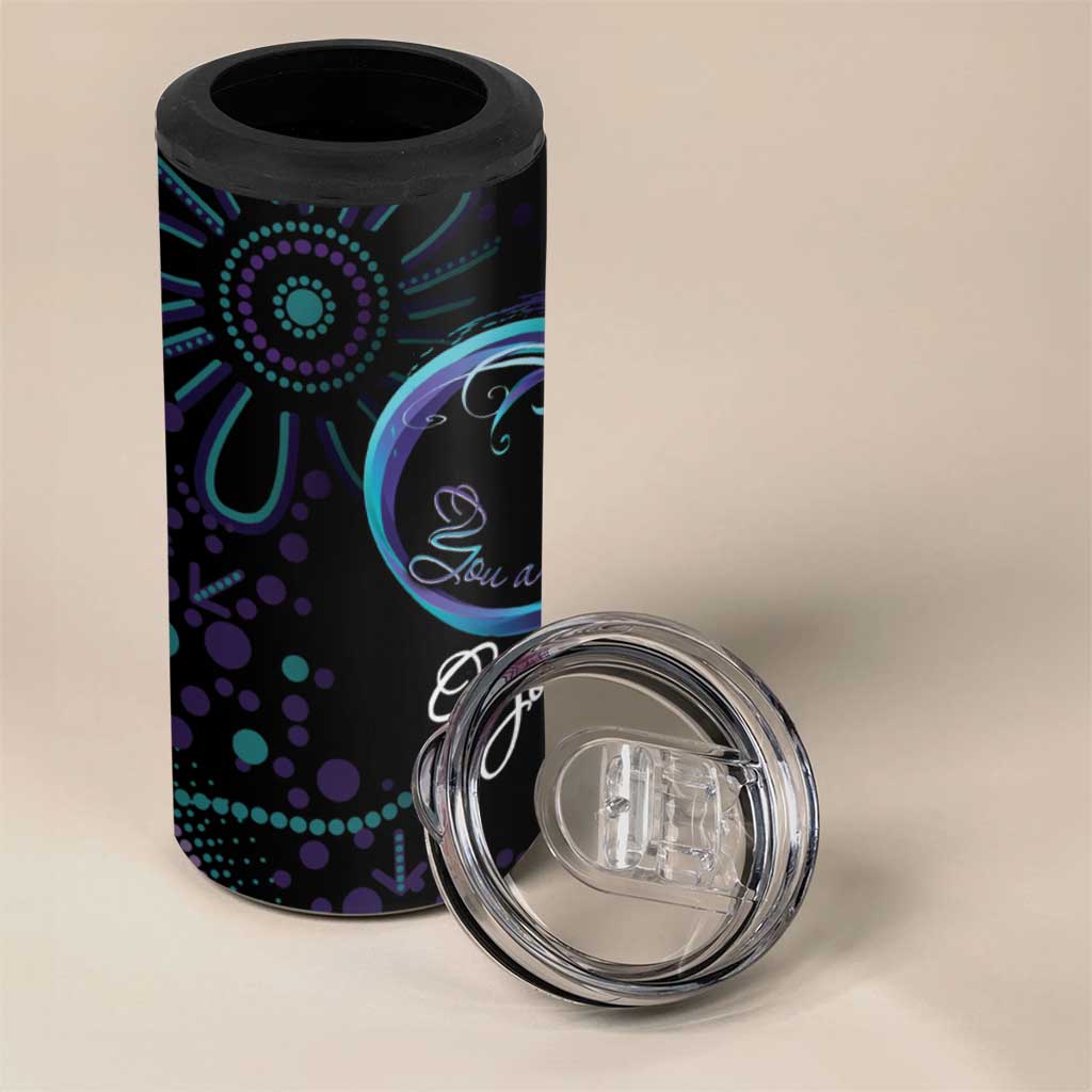 Personalized Australia Indigenous Infinity Heart 4 in 1 Can Cooler Tumbler Purple Teal Ribbon You Are Not Alone - Aussie Hoodie
