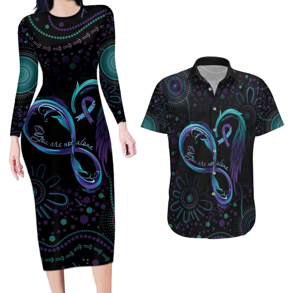 Personalized Australia Indigenous Infinity Heart Couples Matching Long Sleeve Bodycon Dress and Hawaiian Shirt Purple Teal Ribbon You Are Not Alone - Aussie Hoodie