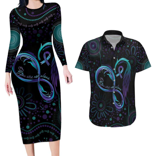 Personalized Australia Indigenous Infinity Heart Couples Matching Long Sleeve Bodycon Dress and Hawaiian Shirt Purple Teal Ribbon You Are Not Alone - Aussie Hoodie