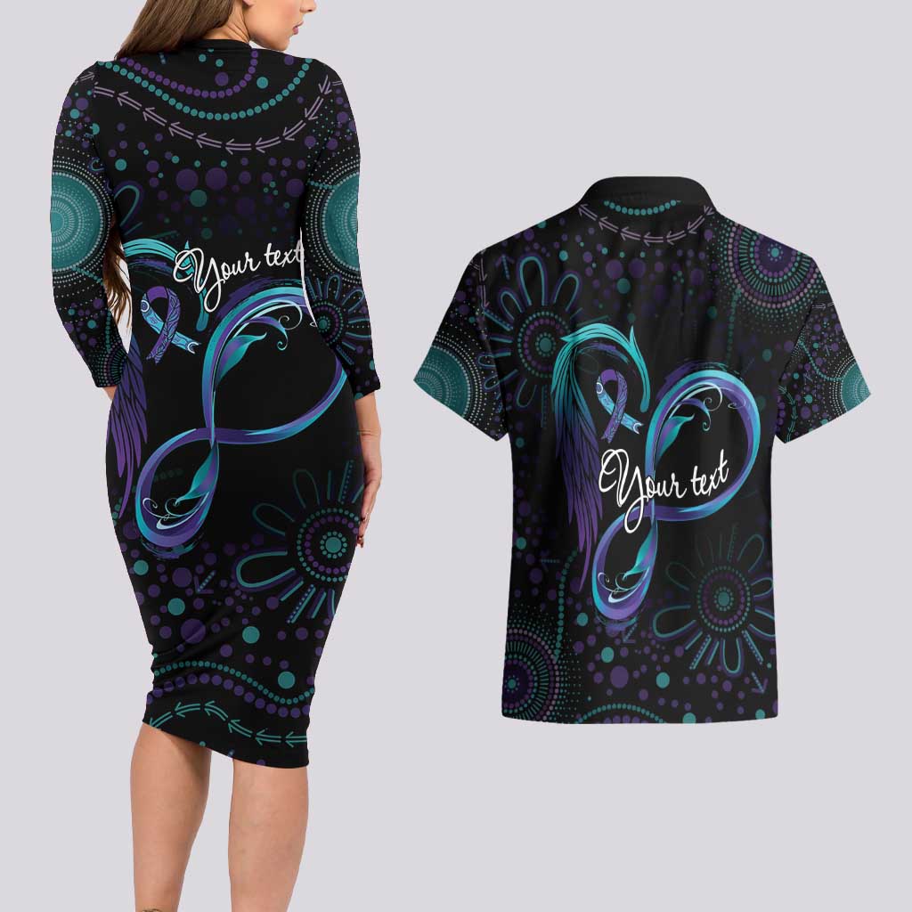Personalized Australia Indigenous Infinity Heart Couples Matching Long Sleeve Bodycon Dress and Hawaiian Shirt Purple Teal Ribbon You Are Not Alone - Aussie Hoodie