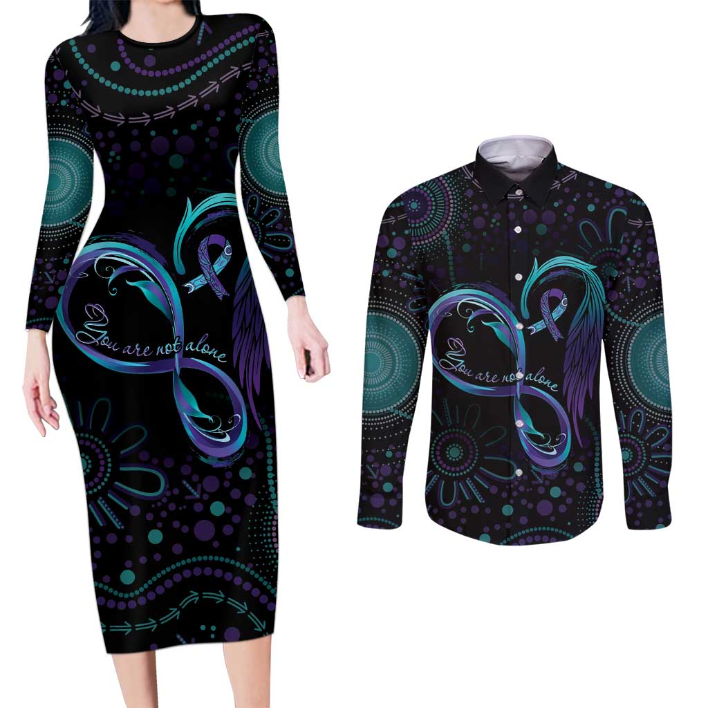 Personalized Australia Indigenous Infinity Heart Couples Matching Long Sleeve Bodycon Dress and Long Sleeve Button Shirt Purple Teal Ribbon You Are Not Alone - Aussie Hoodie