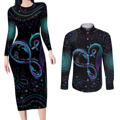 Personalized Australia Indigenous Infinity Heart Couples Matching Long Sleeve Bodycon Dress and Long Sleeve Button Shirt Purple Teal Ribbon You Are Not Alone - Aussie Hoodie