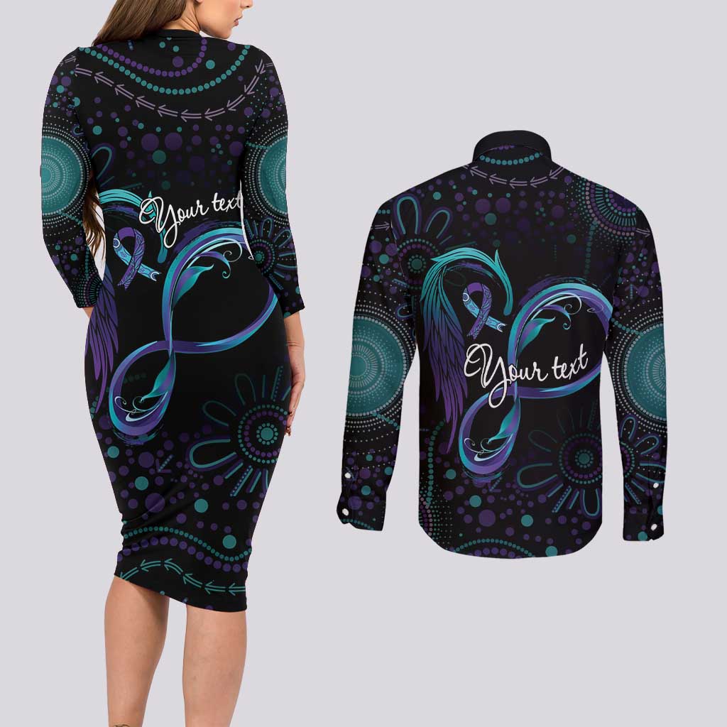 Personalized Australia Indigenous Infinity Heart Couples Matching Long Sleeve Bodycon Dress and Long Sleeve Button Shirt Purple Teal Ribbon You Are Not Alone - Aussie Hoodie