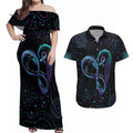Personalized Australia Indigenous Infinity Heart Couples Matching Off Shoulder Maxi Dress and Hawaiian Shirt Purple Teal Ribbon You Are Not Alone - Aussie Hoodie