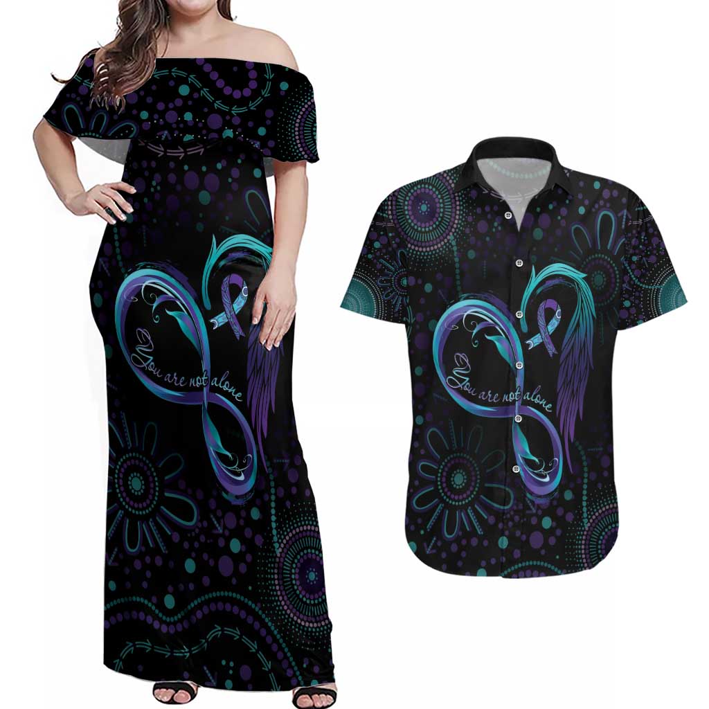 Personalized Australia Indigenous Infinity Heart Couples Matching Off Shoulder Maxi Dress and Hawaiian Shirt Purple Teal Ribbon You Are Not Alone - Aussie Hoodie
