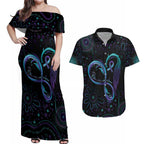 Personalized Australia Indigenous Infinity Heart Couples Matching Off Shoulder Maxi Dress and Hawaiian Shirt Purple Teal Ribbon You Are Not Alone - Aussie Hoodie