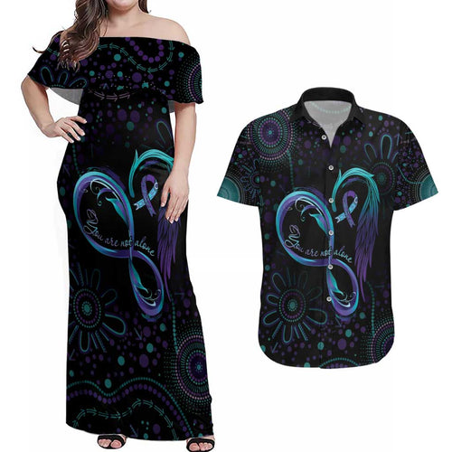 Personalized Australia Indigenous Infinity Heart Couples Matching Off Shoulder Maxi Dress and Hawaiian Shirt Purple Teal Ribbon You Are Not Alone - Aussie Hoodie