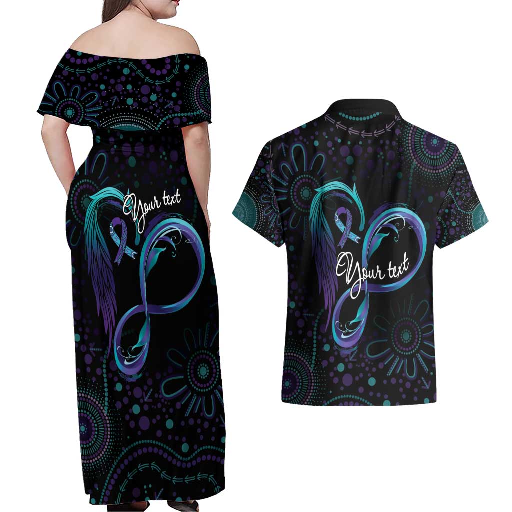 Personalized Australia Indigenous Infinity Heart Couples Matching Off Shoulder Maxi Dress and Hawaiian Shirt Purple Teal Ribbon You Are Not Alone - Aussie Hoodie