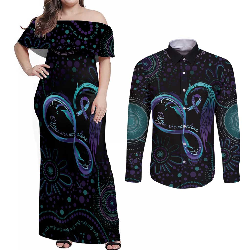 Personalized Australia Indigenous Infinity Heart Couples Matching Off Shoulder Maxi Dress and Long Sleeve Button Shirt Purple Teal Ribbon You Are Not Alone - Aussie Hoodie