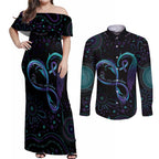 Personalized Australia Indigenous Infinity Heart Couples Matching Off Shoulder Maxi Dress and Long Sleeve Button Shirt Purple Teal Ribbon You Are Not Alone - Aussie Hoodie