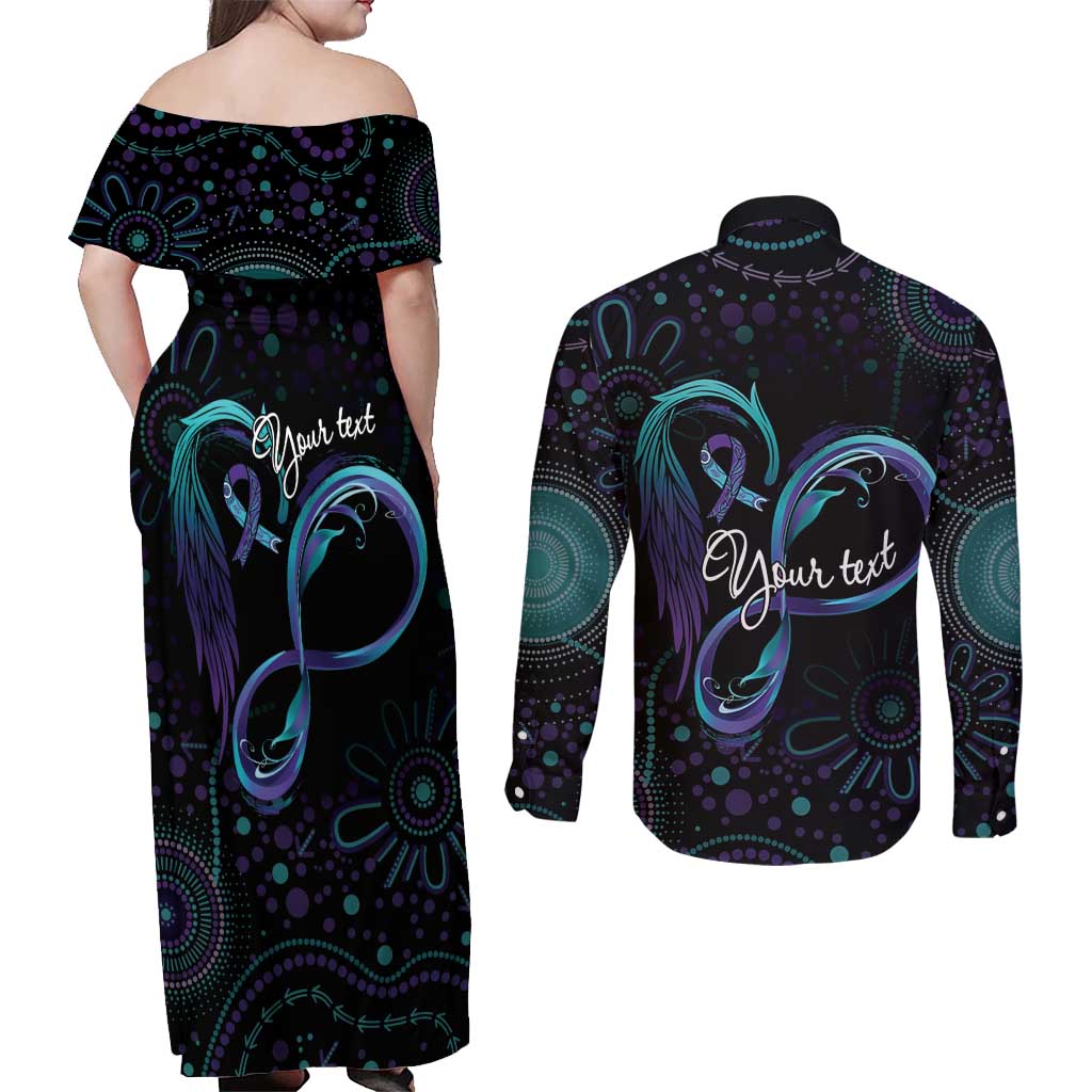 Personalized Australia Indigenous Infinity Heart Couples Matching Off Shoulder Maxi Dress and Long Sleeve Button Shirt Purple Teal Ribbon You Are Not Alone - Aussie Hoodie