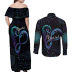 Personalized Australia Indigenous Infinity Heart Couples Matching Off Shoulder Maxi Dress and Long Sleeve Button Shirt Purple Teal Ribbon You Are Not Alone - Aussie Hoodie