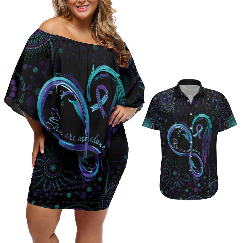 Personalized Australia Indigenous Infinity Heart Couples Matching Off Shoulder Short Dress and Hawaiian Shirt Purple Teal Ribbon You Are Not Alone - Aussie Hoodie
