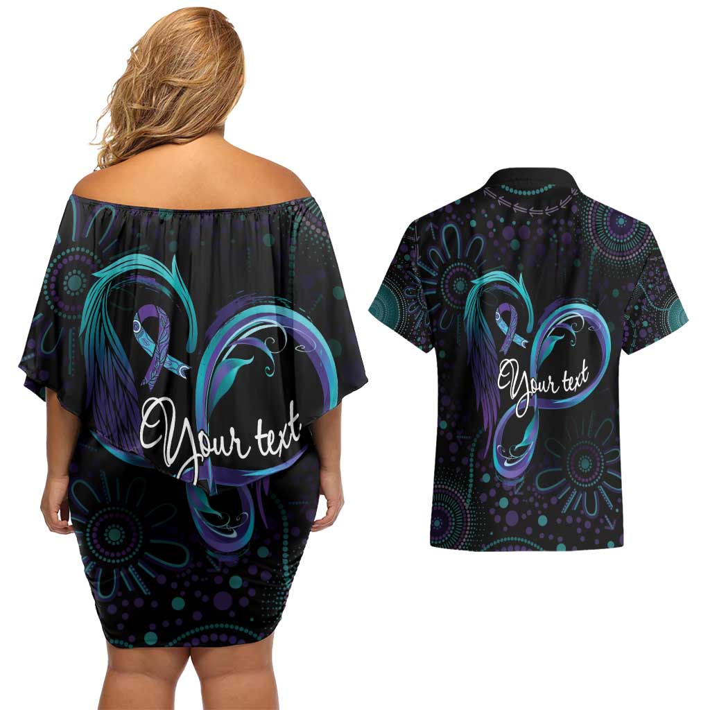 Personalized Australia Indigenous Infinity Heart Couples Matching Off Shoulder Short Dress and Hawaiian Shirt Purple Teal Ribbon You Are Not Alone - Aussie Hoodie