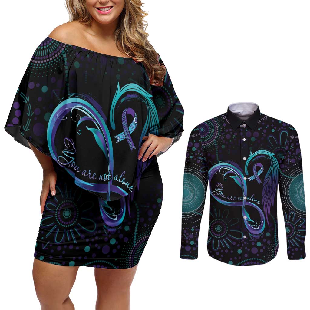 Personalized Australia Indigenous Infinity Heart Couples Matching Off Shoulder Short Dress and Long Sleeve Button Shirt Purple Teal Ribbon You Are Not Alone - Aussie Hoodie