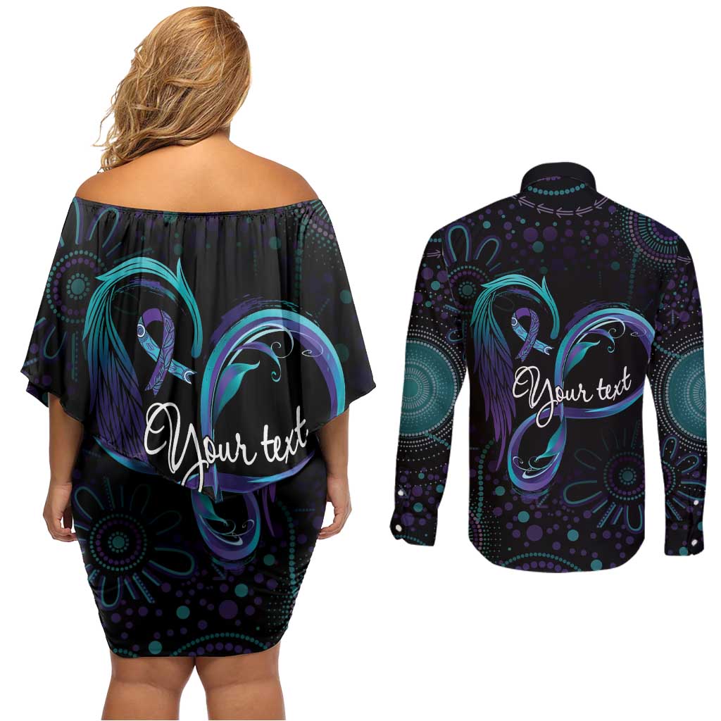 Personalized Australia Indigenous Infinity Heart Couples Matching Off Shoulder Short Dress and Long Sleeve Button Shirt Purple Teal Ribbon You Are Not Alone - Aussie Hoodie