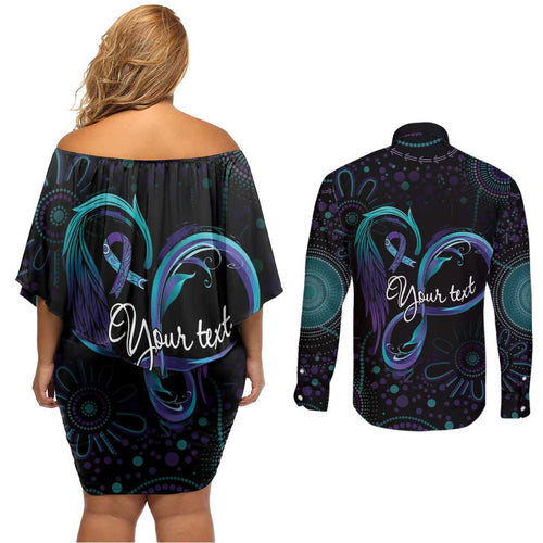 Personalized Australia Indigenous Infinity Heart Couples Matching Off Shoulder Short Dress and Long Sleeve Button Shirt Purple Teal Ribbon You Are Not Alone - Aussie Hoodie