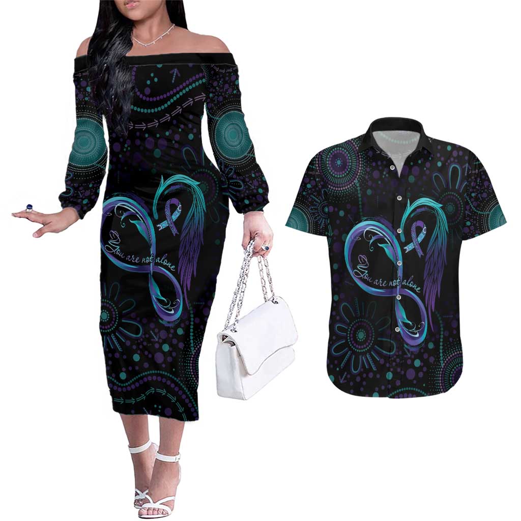 Personalized Australia Indigenous Infinity Heart Couples Matching Off The Shoulder Long Sleeve Dress and Hawaiian Shirt Purple Teal Ribbon You Are Not Alone - Aussie Hoodie