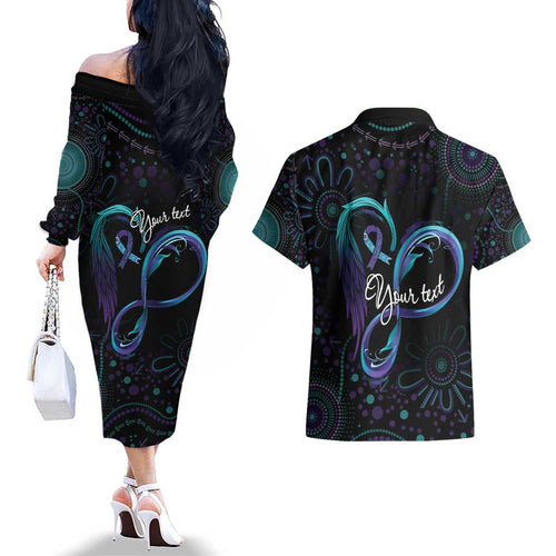 Personalized Australia Indigenous Infinity Heart Couples Matching Off The Shoulder Long Sleeve Dress and Hawaiian Shirt Purple Teal Ribbon You Are Not Alone - Aussie Hoodie