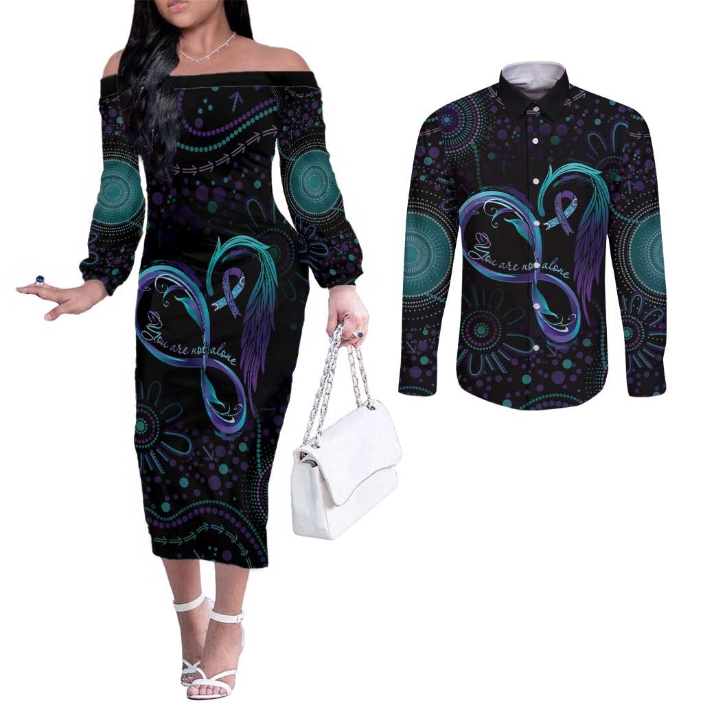Personalized Australia Indigenous Infinity Heart Couples Matching Off The Shoulder Long Sleeve Dress and Long Sleeve Button Shirt Purple Teal Ribbon You Are Not Alone - Aussie Hoodie