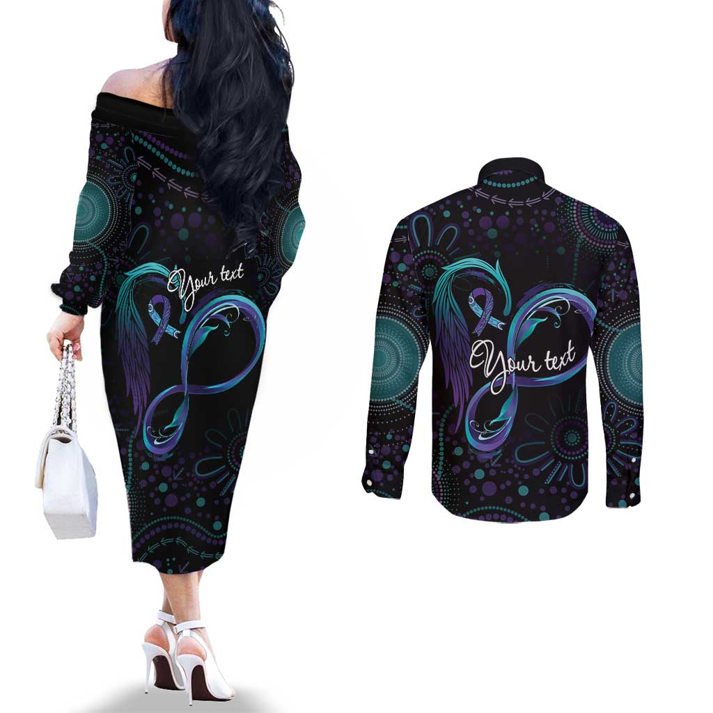 Personalized Australia Indigenous Infinity Heart Couples Matching Off The Shoulder Long Sleeve Dress and Long Sleeve Button Shirt Purple Teal Ribbon You Are Not Alone - Aussie Hoodie