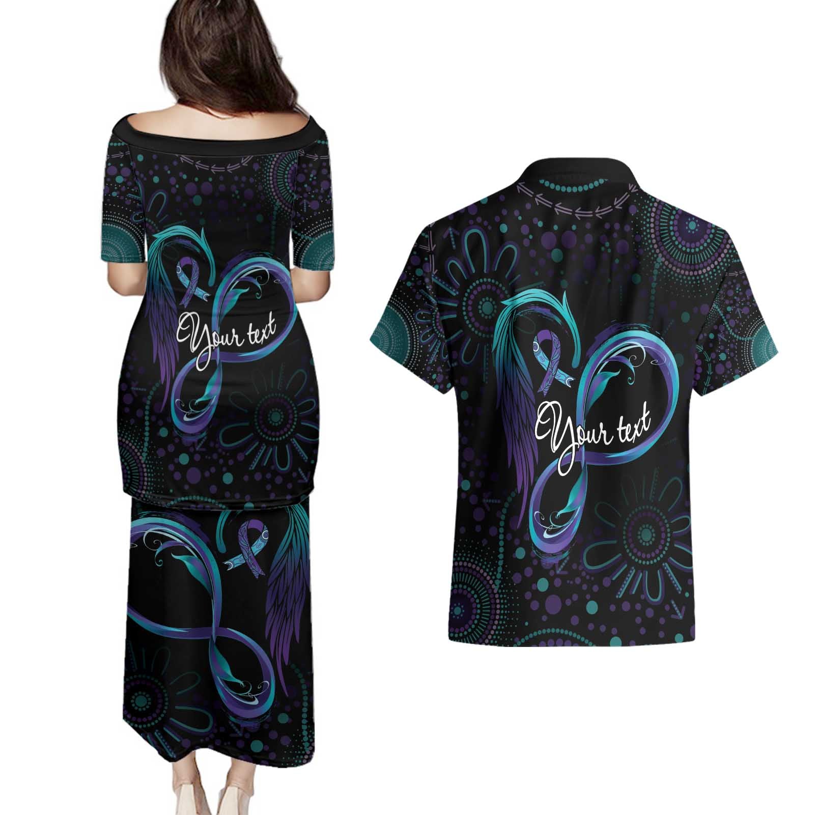Personalized Australia Indigenous Infinity Heart Couples Matching Puletasi and Hawaiian Shirt Purple Teal Ribbon You Are Not Alone - Aussie Hoodie